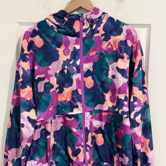 Reebok Windbreaker Womens Large Purple Camo Jacket Hooded Athleisure Sporty Gym - Picture 5 of 13